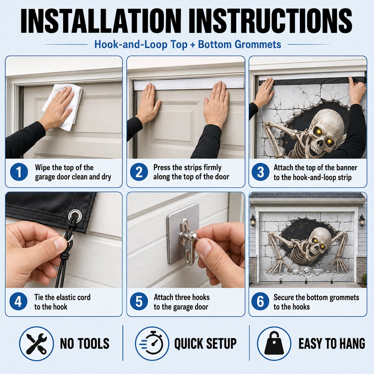 Installation instructions for hook and loop top and bottom grommet garage door banner