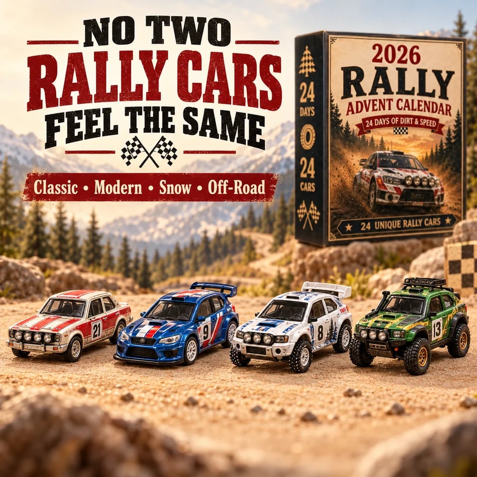 Four different miniature rally cars next to the advent calendar
