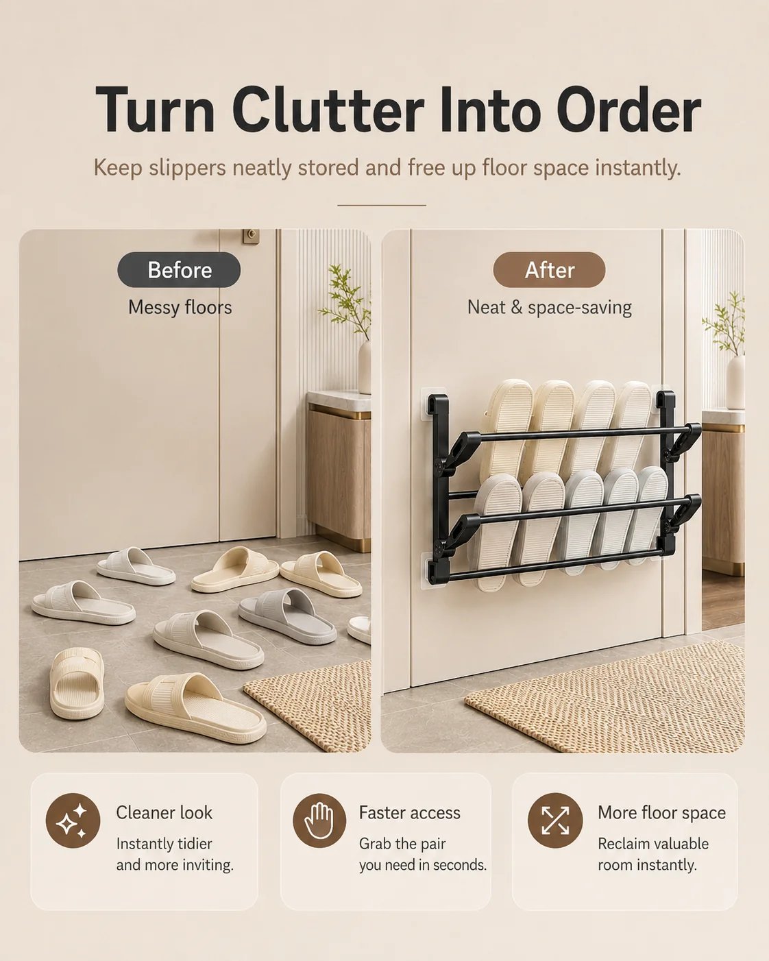 Wall-mounted slipper organizer in use