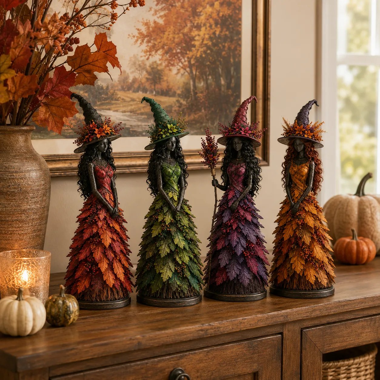 Autumn witch figurine with layered leaf dress