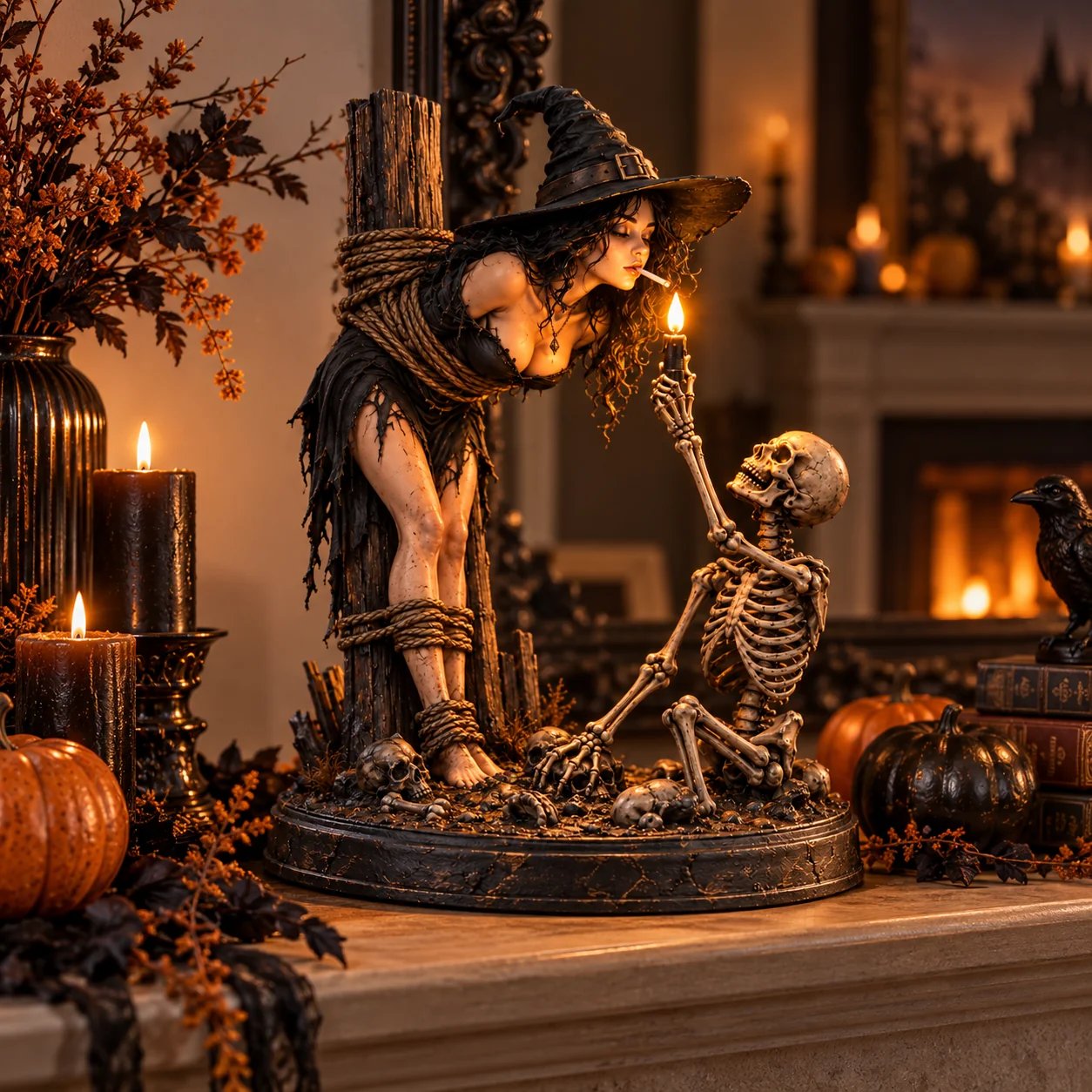 Gothic Tabletop Figurine: Witch and Skeleton