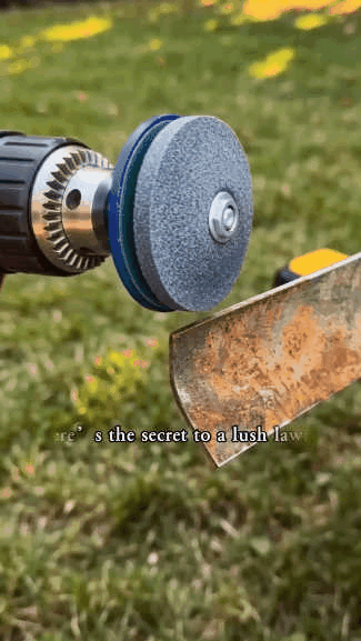 Lawn mower blade sharpener in use